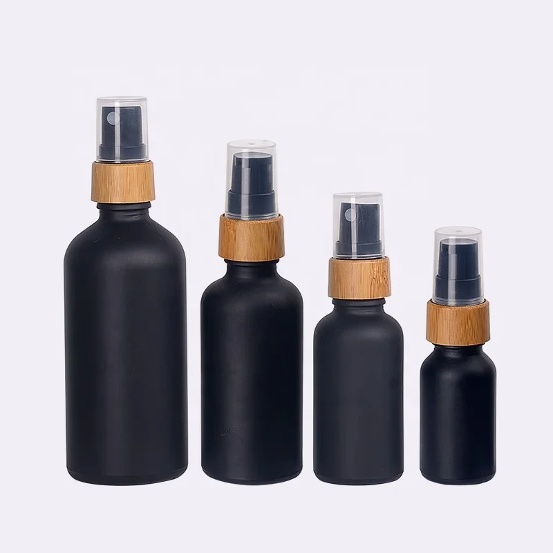 100pcs 50 ml matte black glass bottle cosmetic spray bottle serum bottle black glass with 18/410 bamboo spray pump for skin care