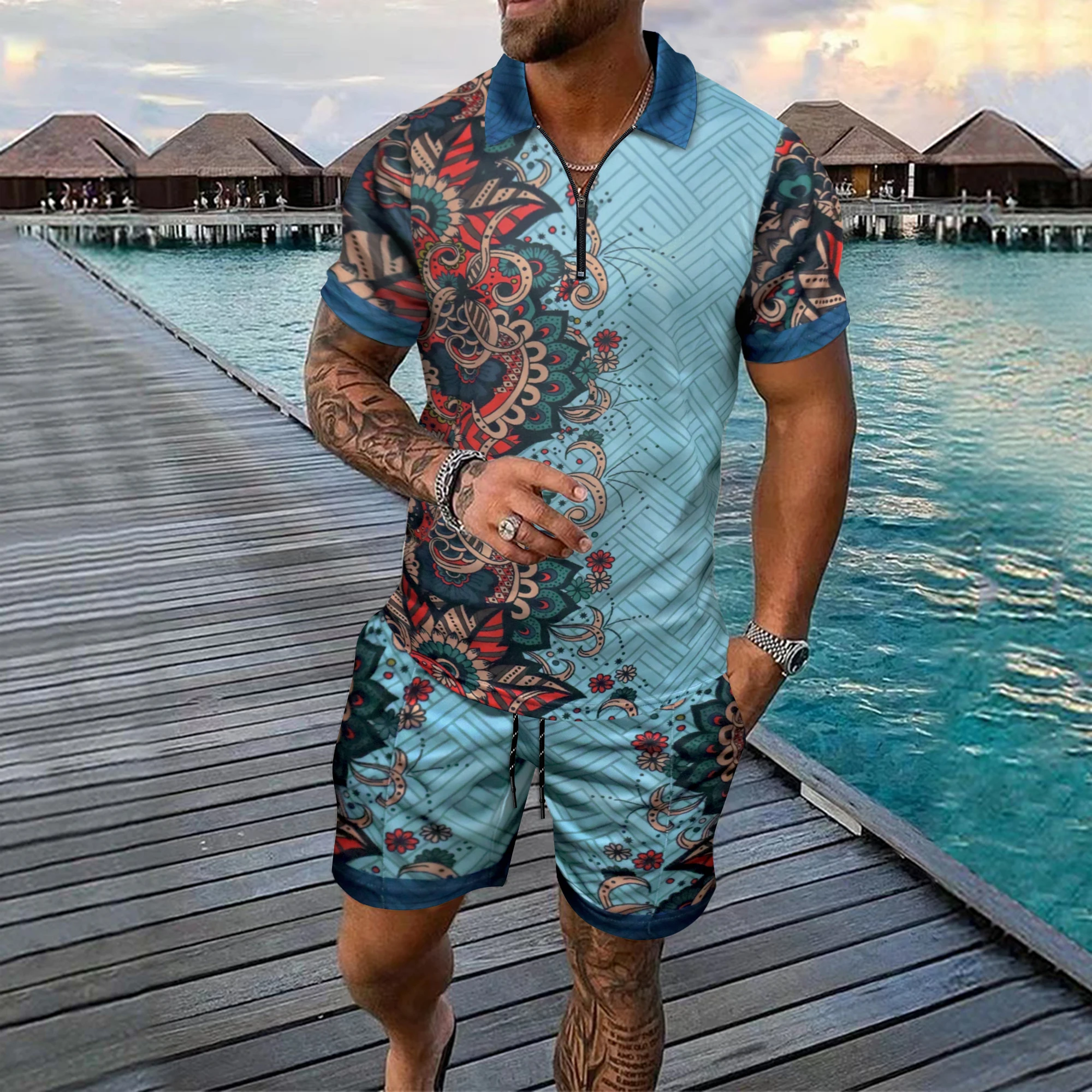 2025 New Summer Men's Loose Fashion Print Casual Mixed Short-sleeved T-shirt And Shorts Set Tracksuit Men Roupas Masculinas