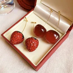 Cherry Strawberry Earrings for Women  Shiny Red Rhinestone Drop Earrings Temperament  Delicate Party Wedding Ear Jewelry K0