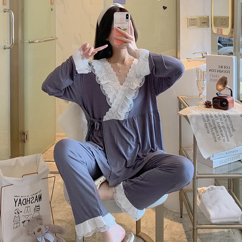 Modalny zestaw piżam do karmienia piersią dla kobiet w ciąży po porodzie wiosna jesień z długimi rękawami koronkowe garnitury domowe