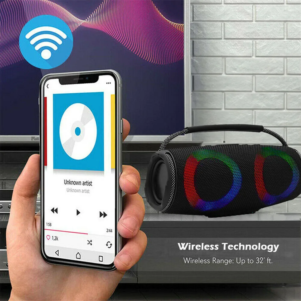 Powerful Bluetooth Speaker LED Light Portable Outdoor Speakers Dual 4'' Subwoofer Sound Box Support