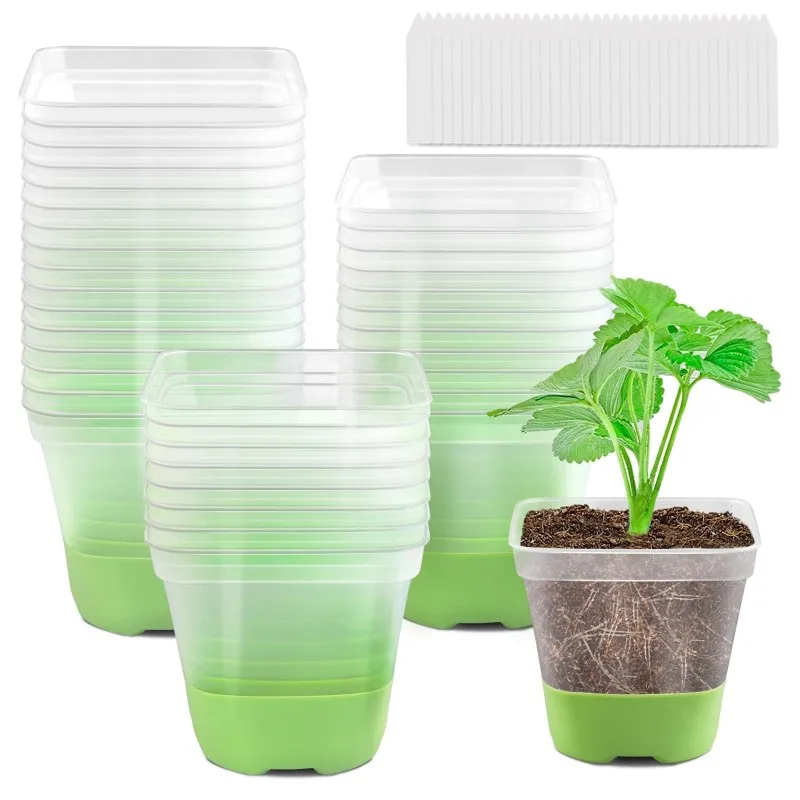 A93E-Reusable Square Plastic Nursery Pots(24-Pack), With Drainage Holes, Soft Silicone Base, Ideal For Flower Planting