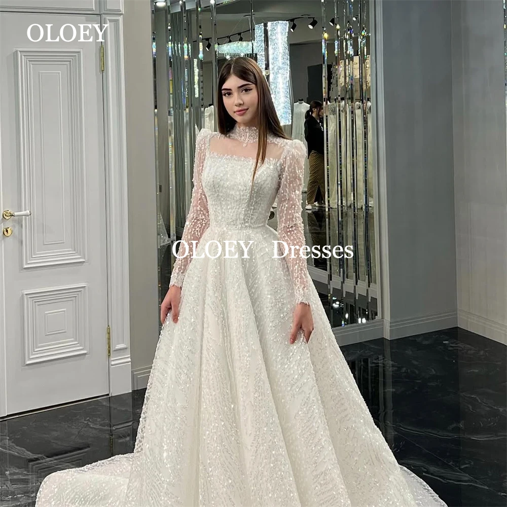 

OLOEY Luxury Beading A Line Wedding Dresses Modest High Neck Full Sleeves Bridal Gowns Customized Floor Length Robe de marriage