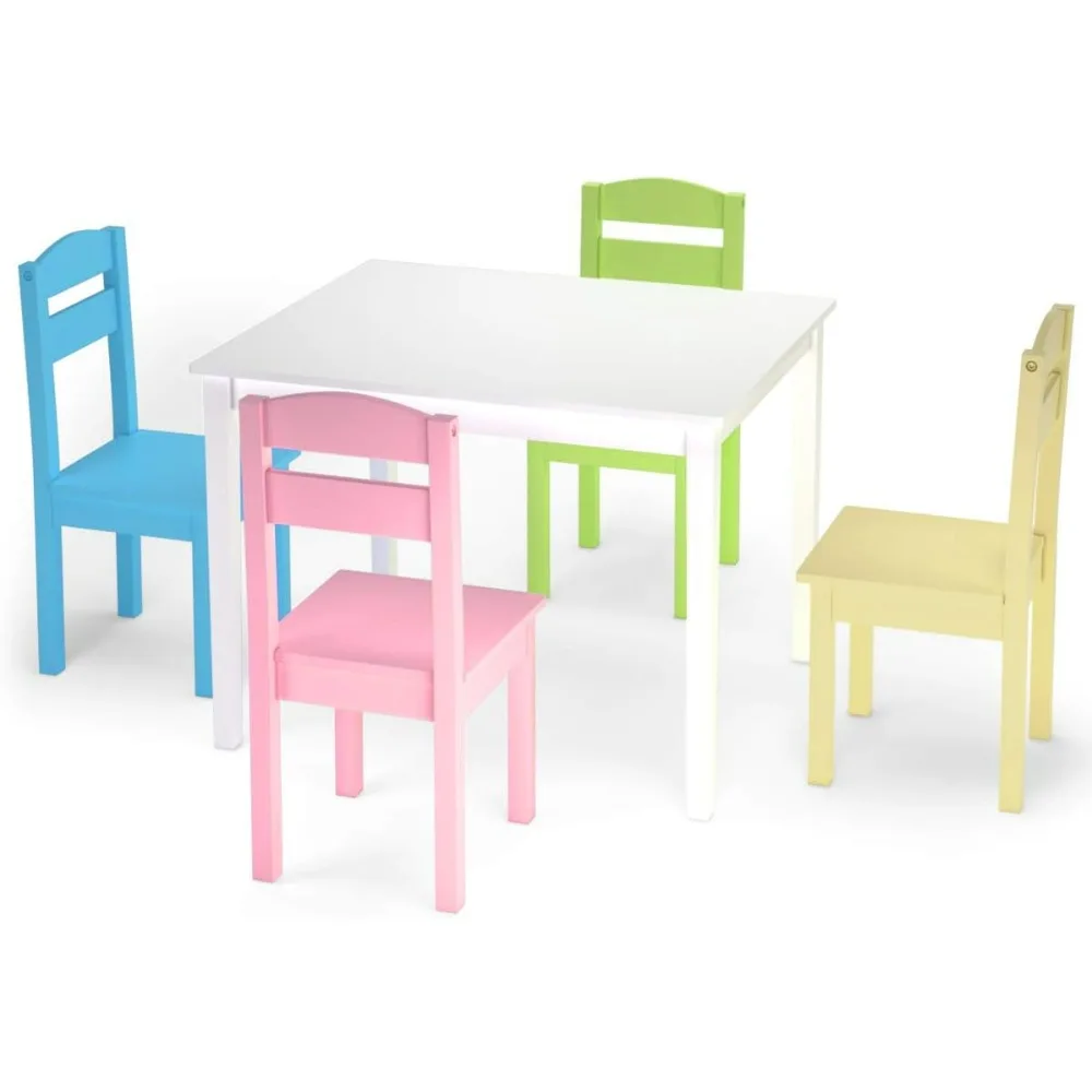 Children's Chair,Colorful Table & 4 Chair Set With Backrest, Dinging Table For Kids, 5-piece Kids Wooden Table Chair Set