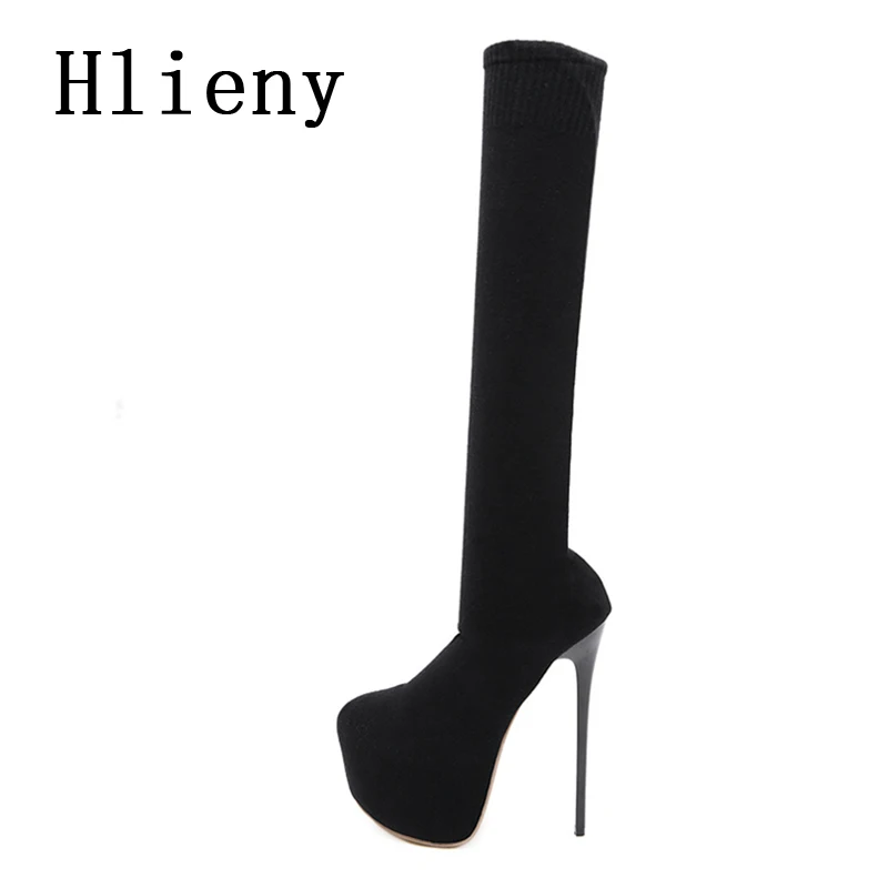 Hlieny Fashion Platform Woman Over Knee Winter Boot Womens Black Knitting Round Toe Thigh High Long Socks Lady Shoes Size 35-42