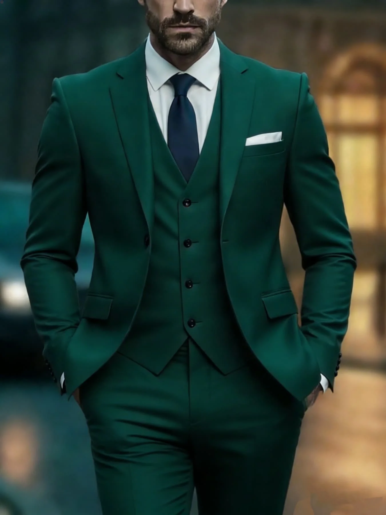 

Men's Deluxe Solid Suit Set Single Breasted Slim Fit 3-Piece Blazer Vest Pants Elegant Wedding Party Office