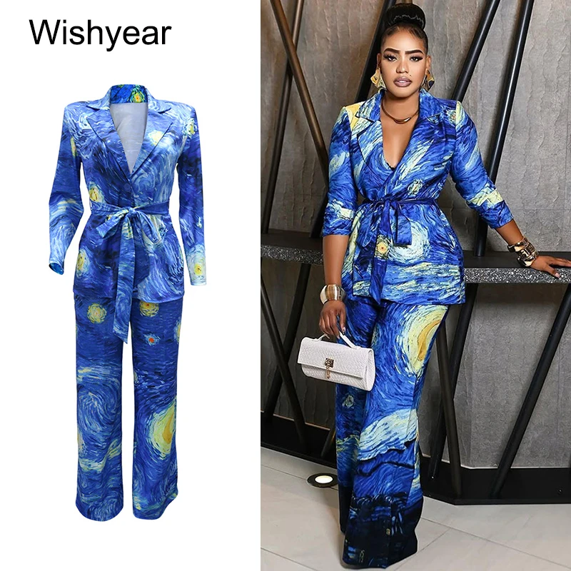

Новый модный синий блейзер с принтом, комплект из двух предметов, женский топ с зубчатым воротником и длинными рукавами и широкие брюки, повседневные офисные уличные костюмы