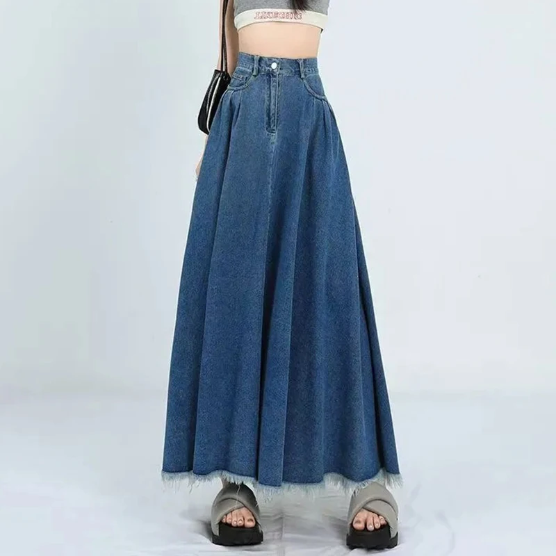 Women Denim Swing Skirt High Waist Pleated A-Line Maxi Long Skirt Frayed Hem Y2K Preppy Casual Korean Bottom