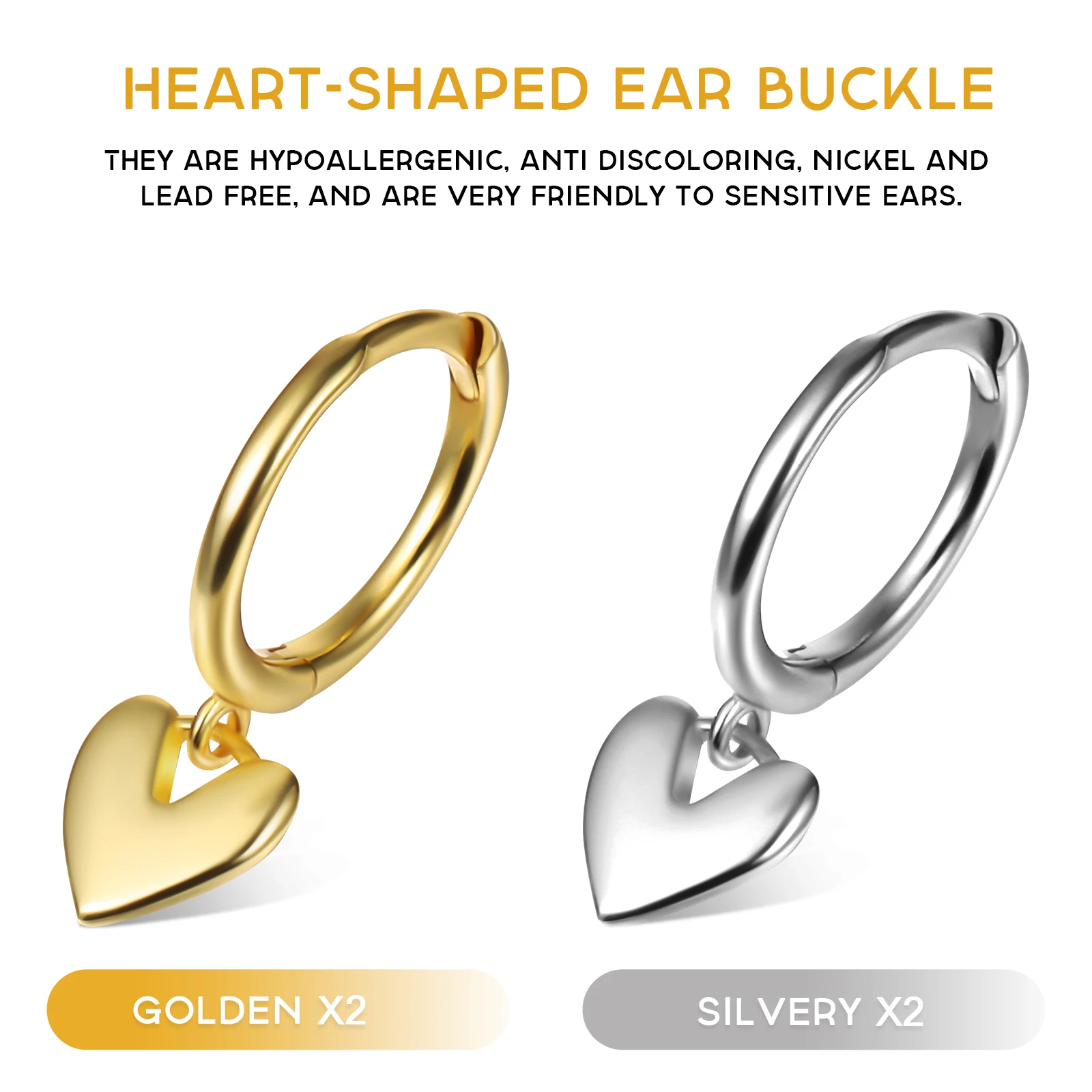 

2 Pairs Heart-shaped Earbud Earrings Dangling Dangle Drop for Women Sterling Silver Hoop S925