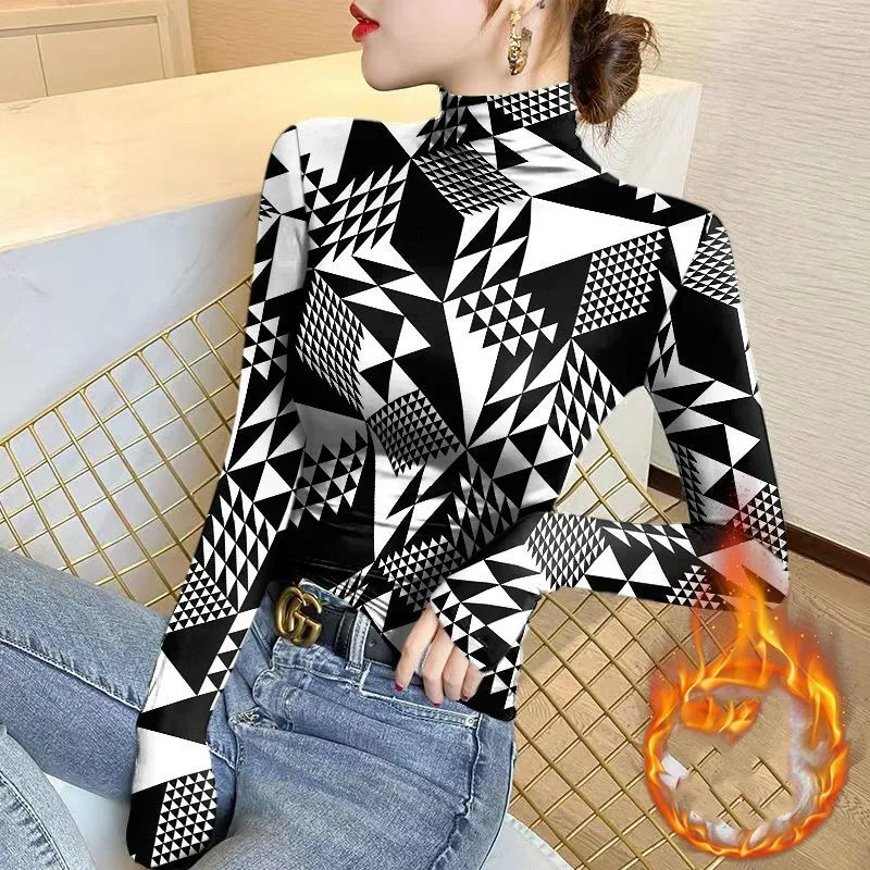 Women\'s Half High Collar Geometric T-shirt Spring Autumn Korean Slim Printing Long Sleeve All-match Pullover Tops for Female