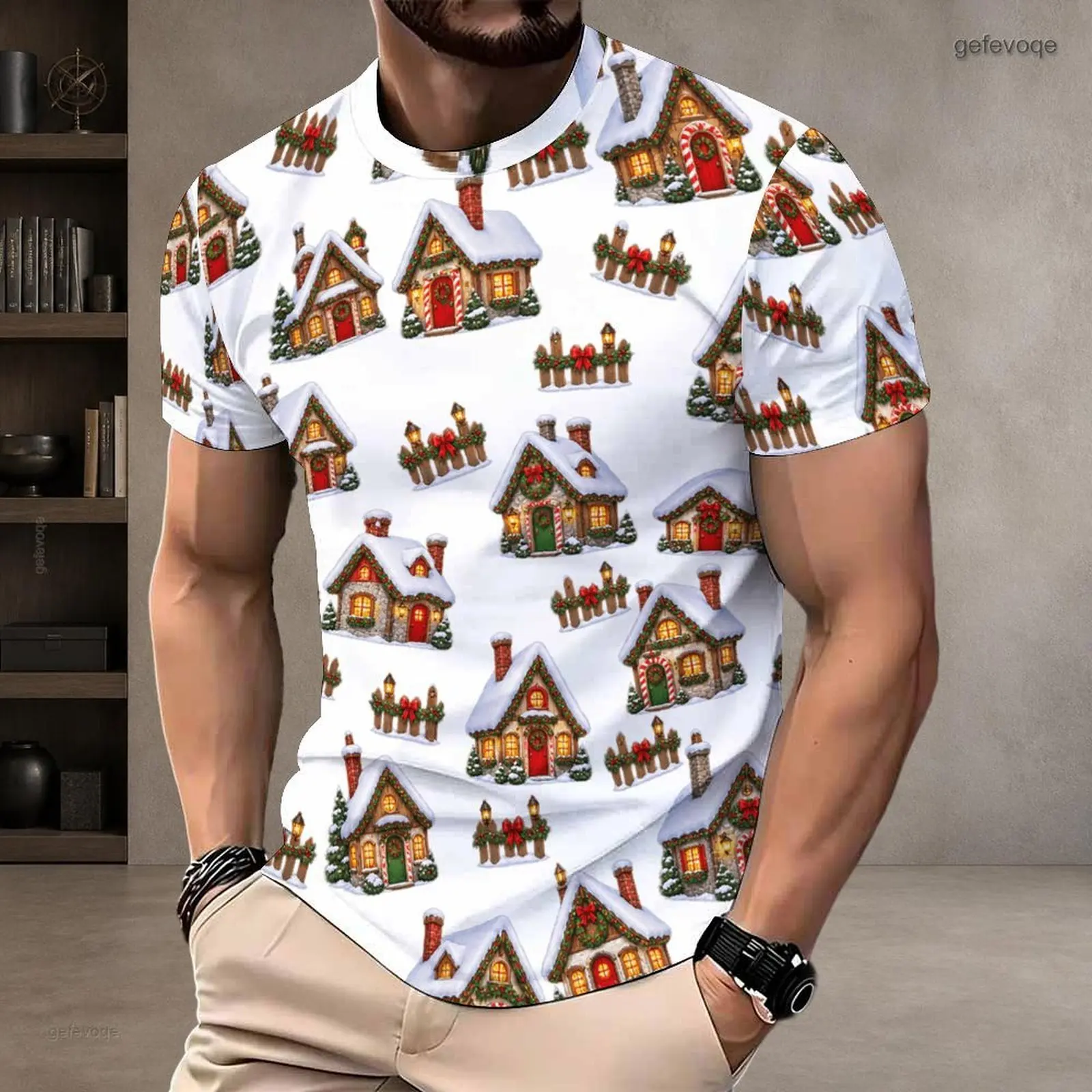 Men White Printed Christmas Snow Cottage Festive Fence Pattern Round Neck Short Sleeve T Shirt