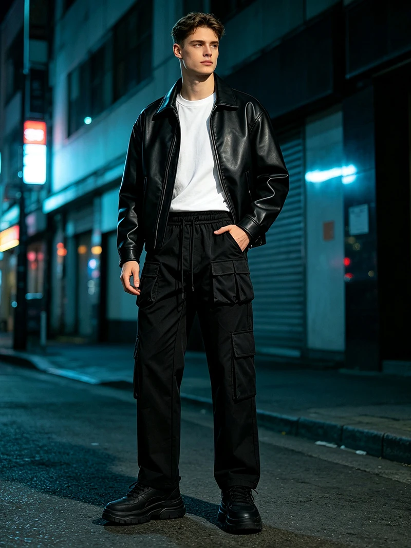 Herren-Cargohose mit mehreren Taschen, elastischem Bund und Kordelzug, locker geschnittene Hose mit geradem Bein, lässige Outdoor-Alltagshose für Frühling und Herbst – Detail 13