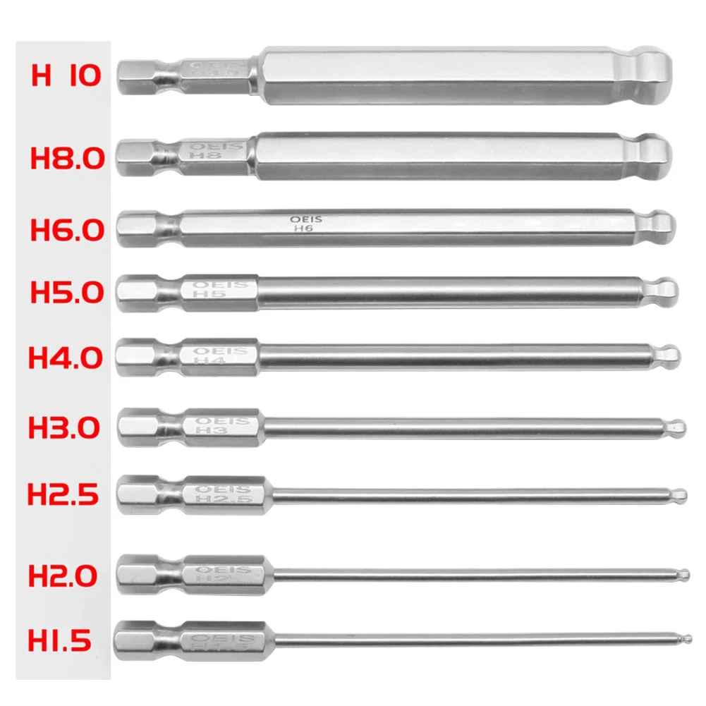 100mm Ball End Hex Screwdriver Bits Metric Hex Bit Magnetic Driver Bit H1.5 H-2.5 H3 H4 H5 H6 H8 H10