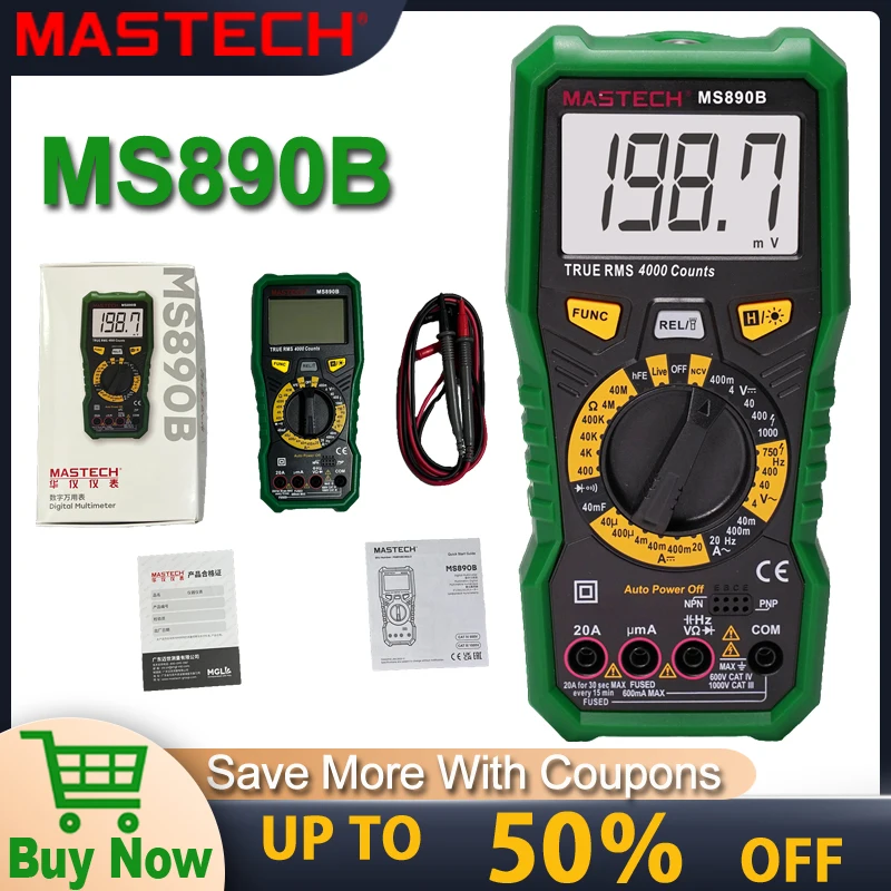 Mastech MS890B LCD Digital Multimeter AC DC Voltage Diode Freguency Multitester Current Tester Luminous Display with Buzzer Func