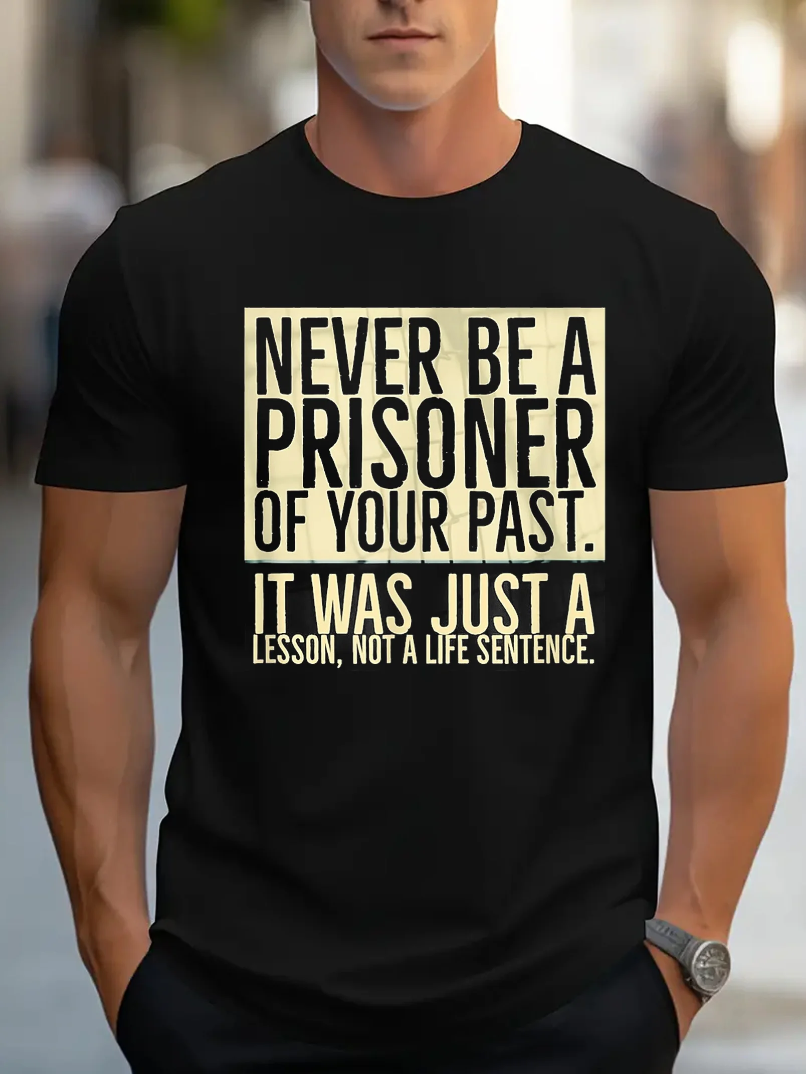 

Inspirational Positive Energy Printed Black Short Sleeved T-shirt Men'S Casual Top with The Theme of 'Breaking Free From Past
