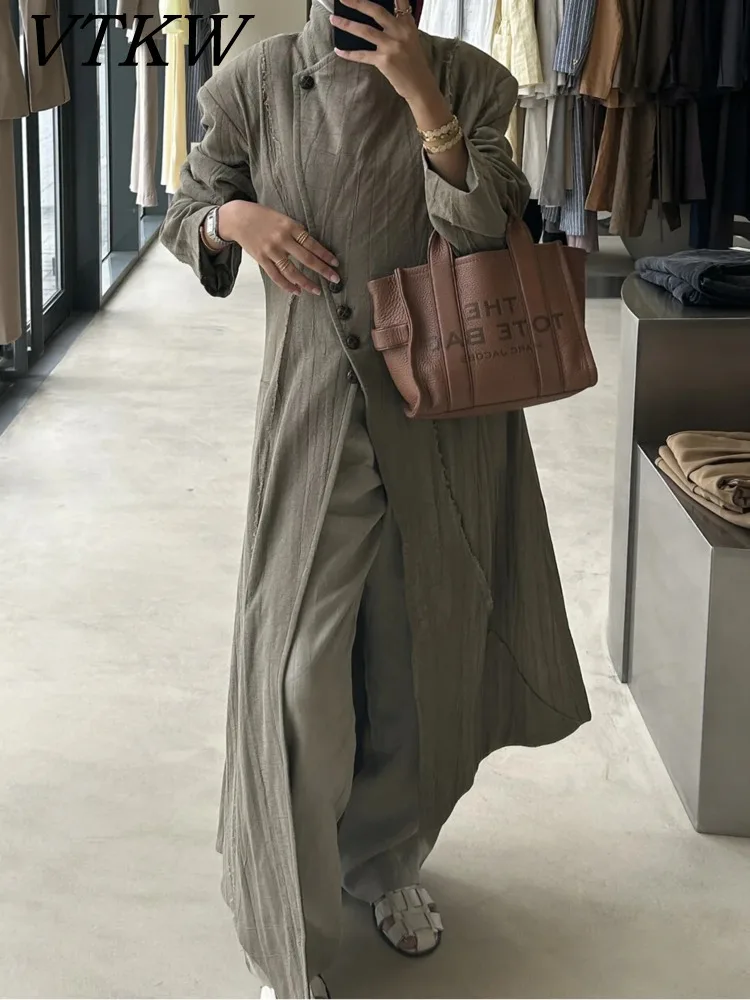 

VTKW Long-sleeved Button-down Linen Fashion Design 2025 Spring New Women's Blazer Of High Quality Single-button Windbreaker Coat