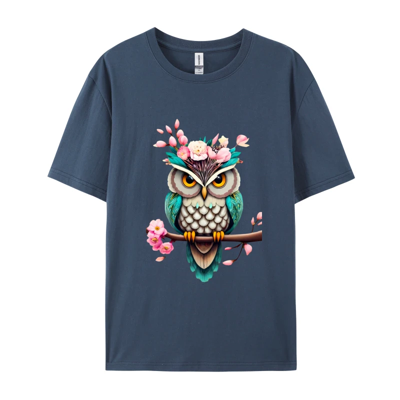 Cartoon Owl bird Floral Nature T-shirts Oversized Combed Cotton Round Collar Men's Mens Clothing Plus Size