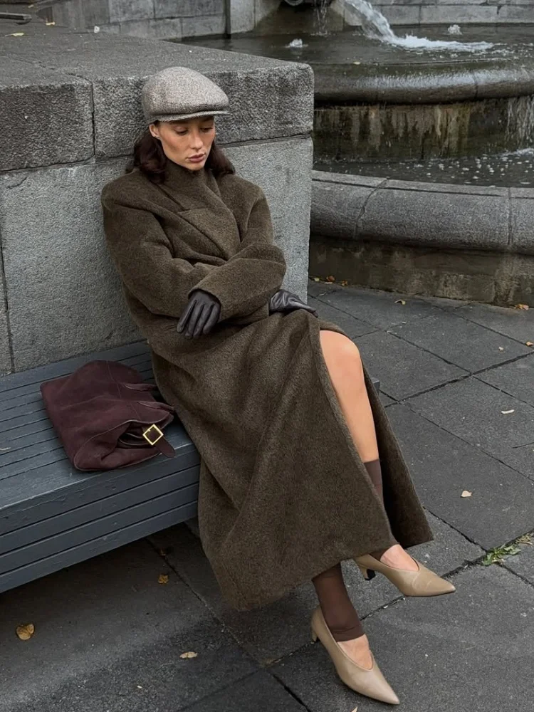 

Women Solid Elegant Wool Overcoat Fashion Lapel Long Sleeve Loose Shoulder Pad Coat 2025 Autumn Winter Lady Commuter Outwear