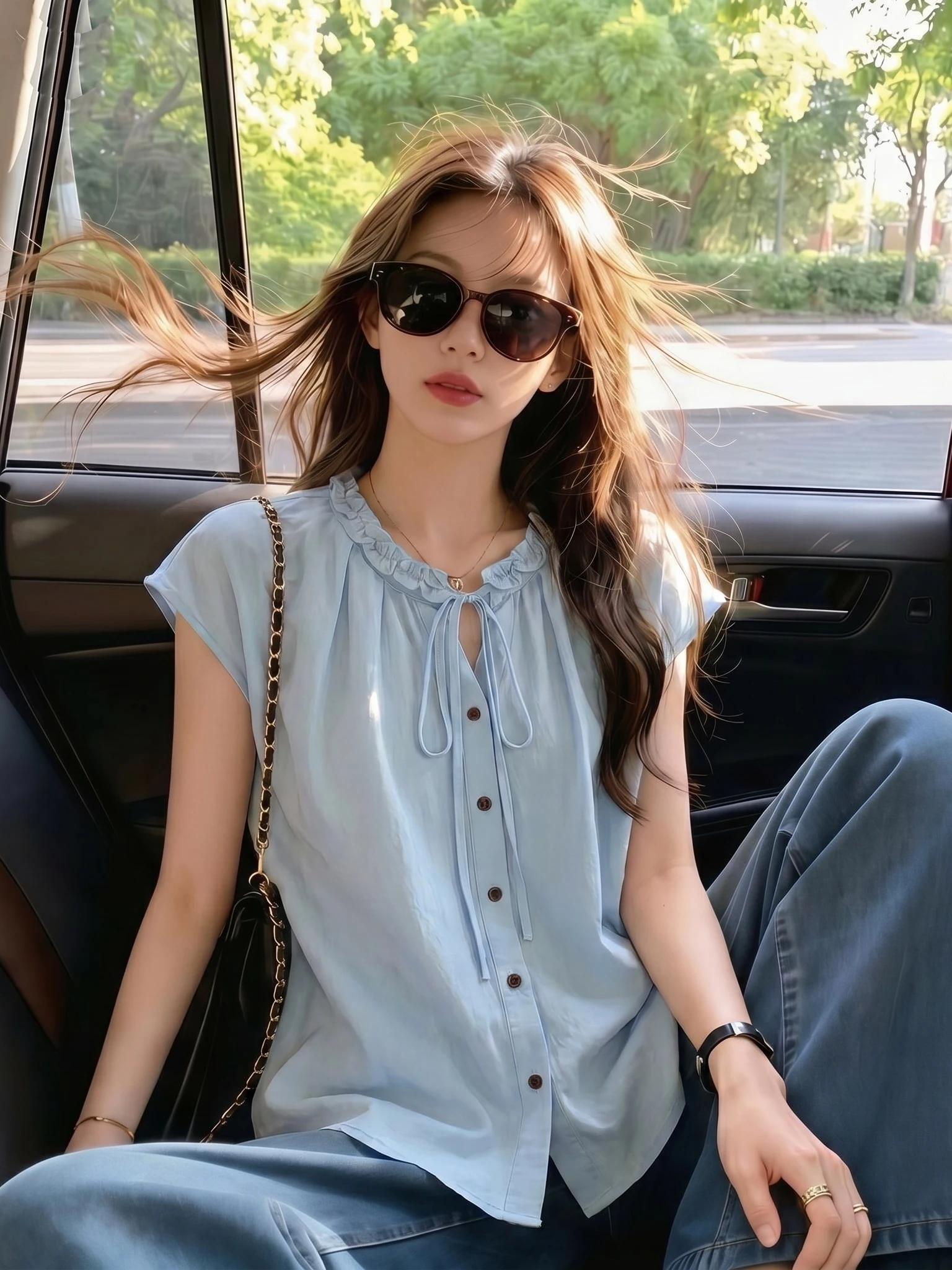 

Light Blue Wooden Short Sleeve Shirt Women's Summer New Style plus Size Micro Fat MM Age Reduction Top Commute Style