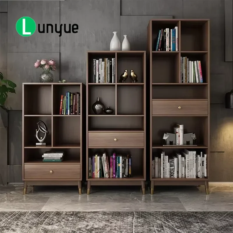Custom Vintage Walnut Bookshelf with Oversized Drawers and 6 Semi Open Shelves for Home Office Furniture Storage Display