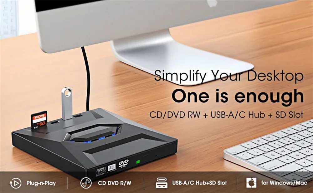 USB 3.0 Typ C Externes CD-DVD-Laufwerk mit USB HUB Typ-C SD-Kartenleser, CD DVD RW ROM Disk Player Brenner Leser Writer Adapter – Detail 4