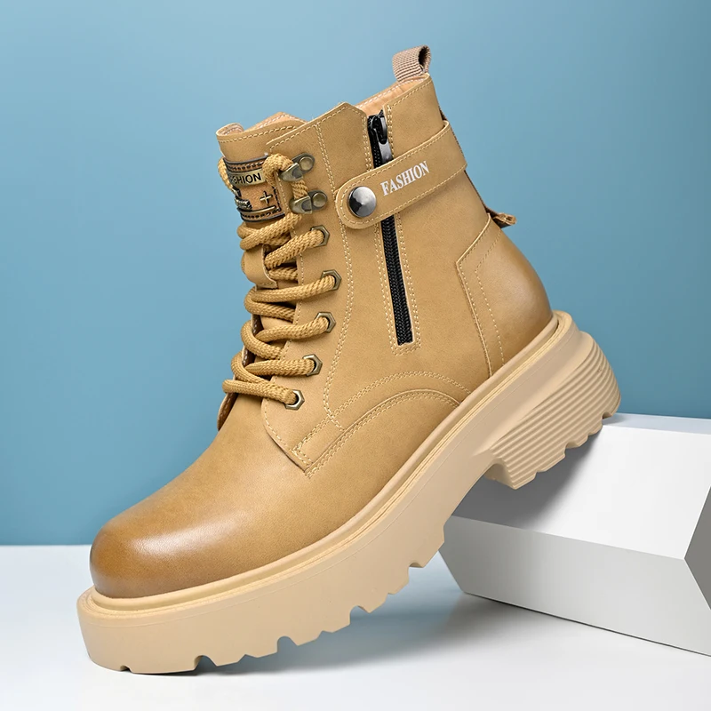 Men Vintage  Ankle Boots Side Zipper Lace‑Up Thick Lug Sole Non‑Slip Platform Combat Boots Winter Outdoor Work Hiking Boot