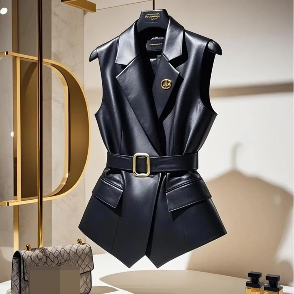 2025 new women's European and American style lapel vest dress with double breasted waistband, mid length imitation leather horse