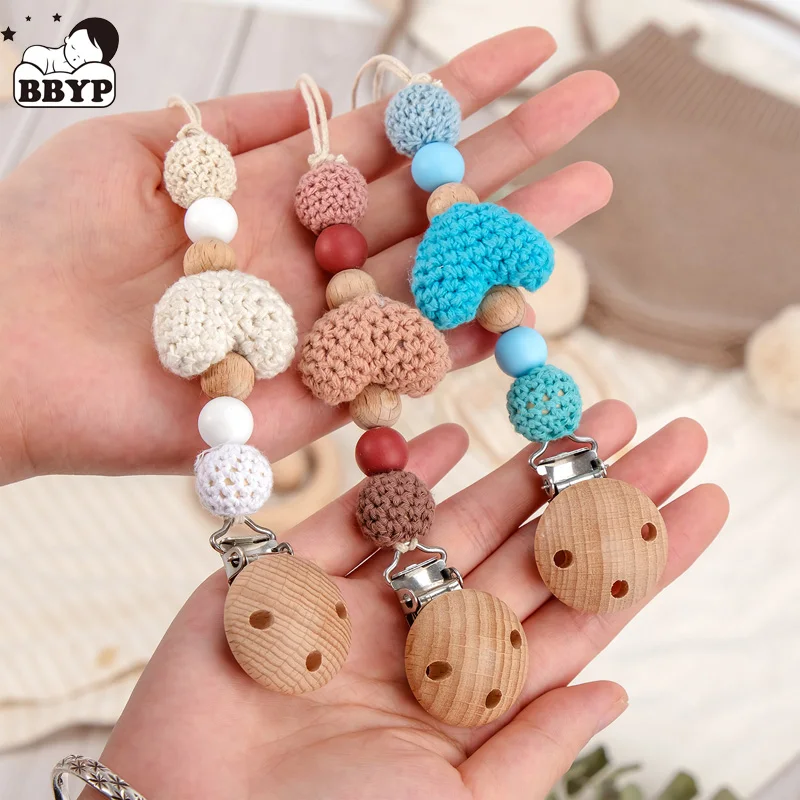 Handmade Crochet Baby Pacifier Clip Cartoon Love Heart Knitted Bead Soother Chain Anti-drop Newborn Dummy Holder Nipple Clip Lea