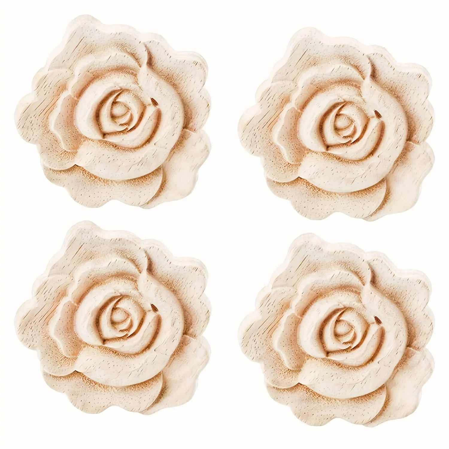 4 Pcs Carved Wood Appliques Onlays Unpainted Flower Shape Wood Carved Applique Frame Onlay(7x7cm/2.76x2.76in)