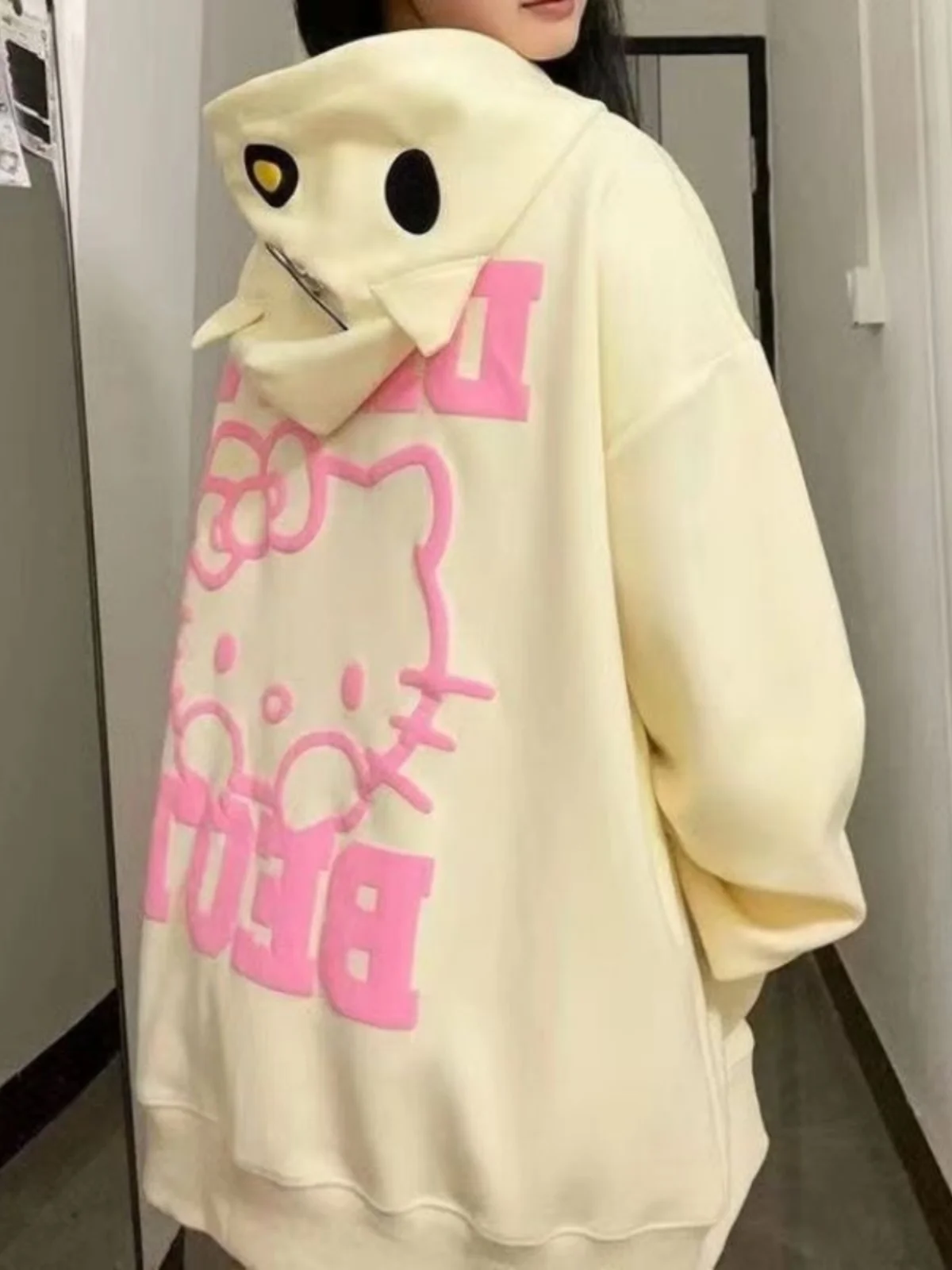 Americano vintage bonito kit bordado hoodie fce forrado zíper jaet feminino solto preguiçoso topo longo sve coreano sle