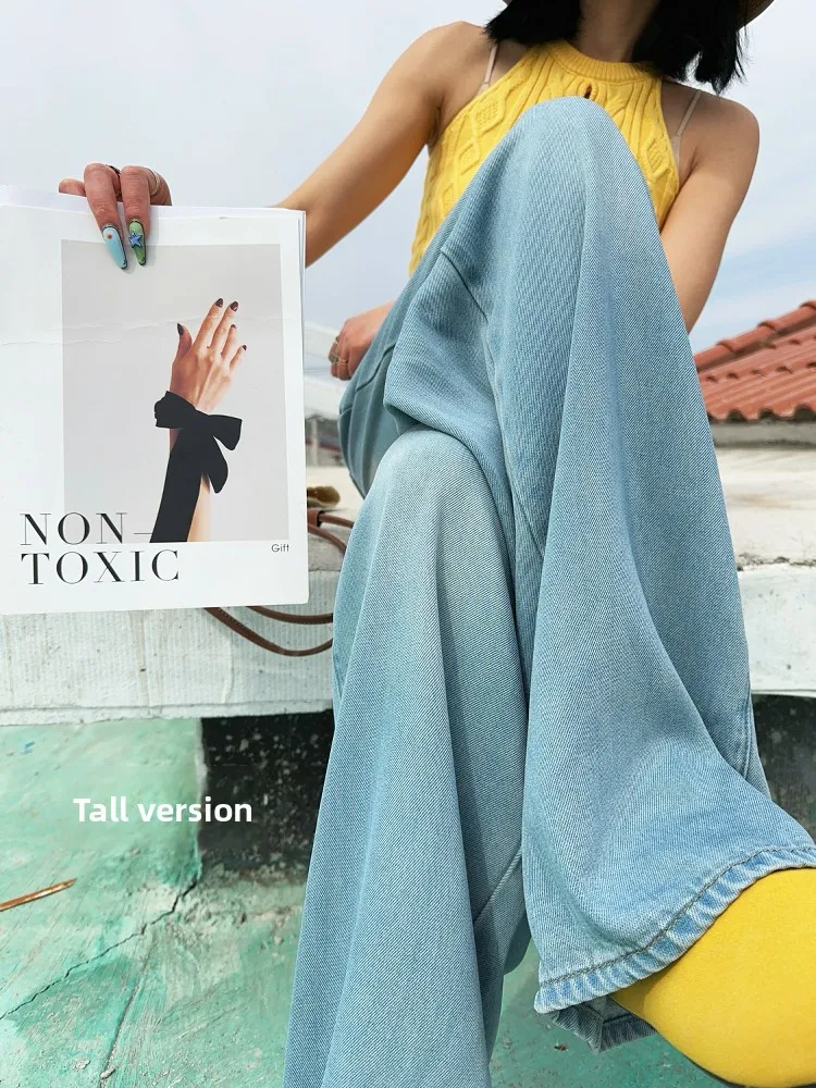 

Широкие джинсовые джинсы, женские свободные джинсы с высокой талией и драпировкой длиной до пола, винтажные джинсы с завышенной талией, весна-лето, светлые джинсы