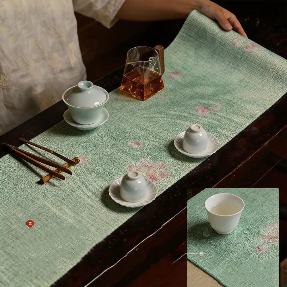 Falling Petals & Flowing Water Table Runner, Luxury High-End Tea Mat, Waterproof Fabric Long Table Cloth for Tea Table with Ambi