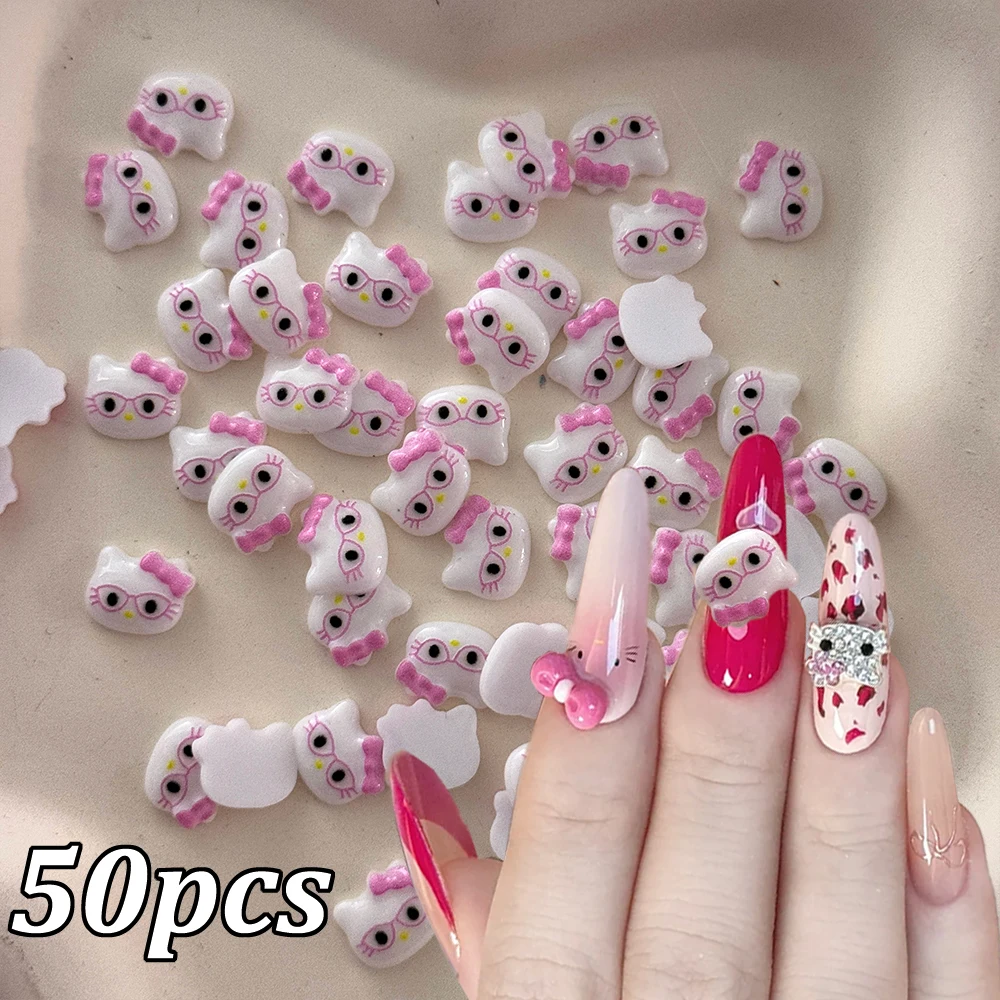 

50Pcs Y2k Cute Glasses Hello Kitty Nail Art Charms 3D Pink Cartoon Kitty Cat with glasses Nails Jewelry 9x11mm Resin Crafts Deco