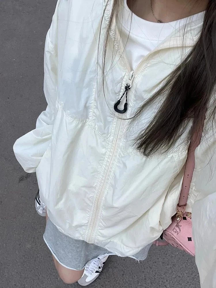 Summer Hooded Sun Protection Shirt Women Y2K Loose Streetwear Zipper Sports Jacket Fashion Long Sleeve Thin Quick Drying Coats