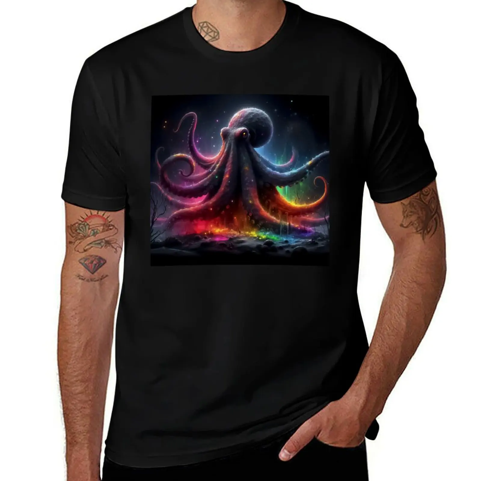 Monochromatic Octopus Within Rainbow Color Splash T-Shirt t shirts for man cotton T-Shirt