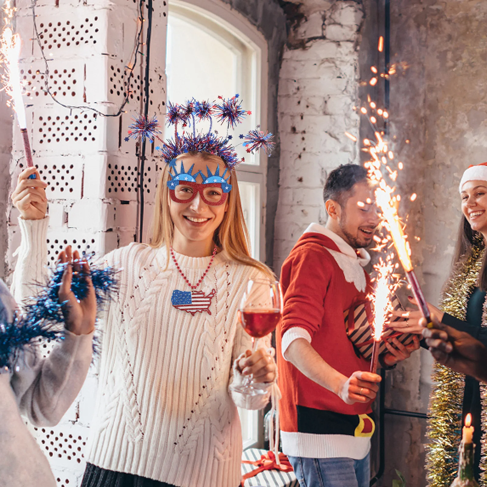 

3Pcs Patriotic Party Accessories Independence Day Glasses Necklace Star Headband Red White Blue 4th July Celebrations Decor