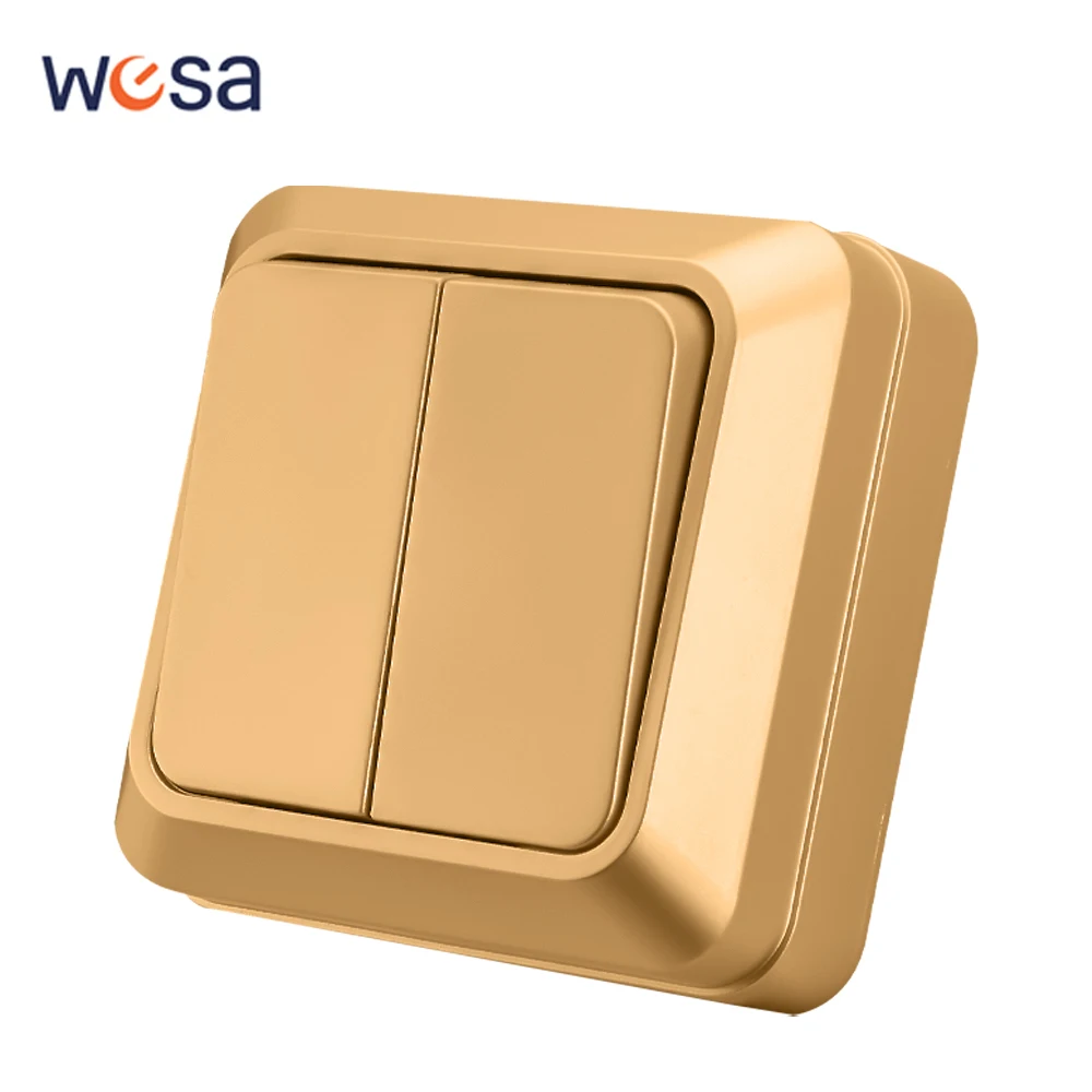 WESA Golden Wall Surface Button Light Switch EU Spray Paint Plastic Outdoor 2 Gang 1 Way Wall Exterior Rocker On / Off Switch