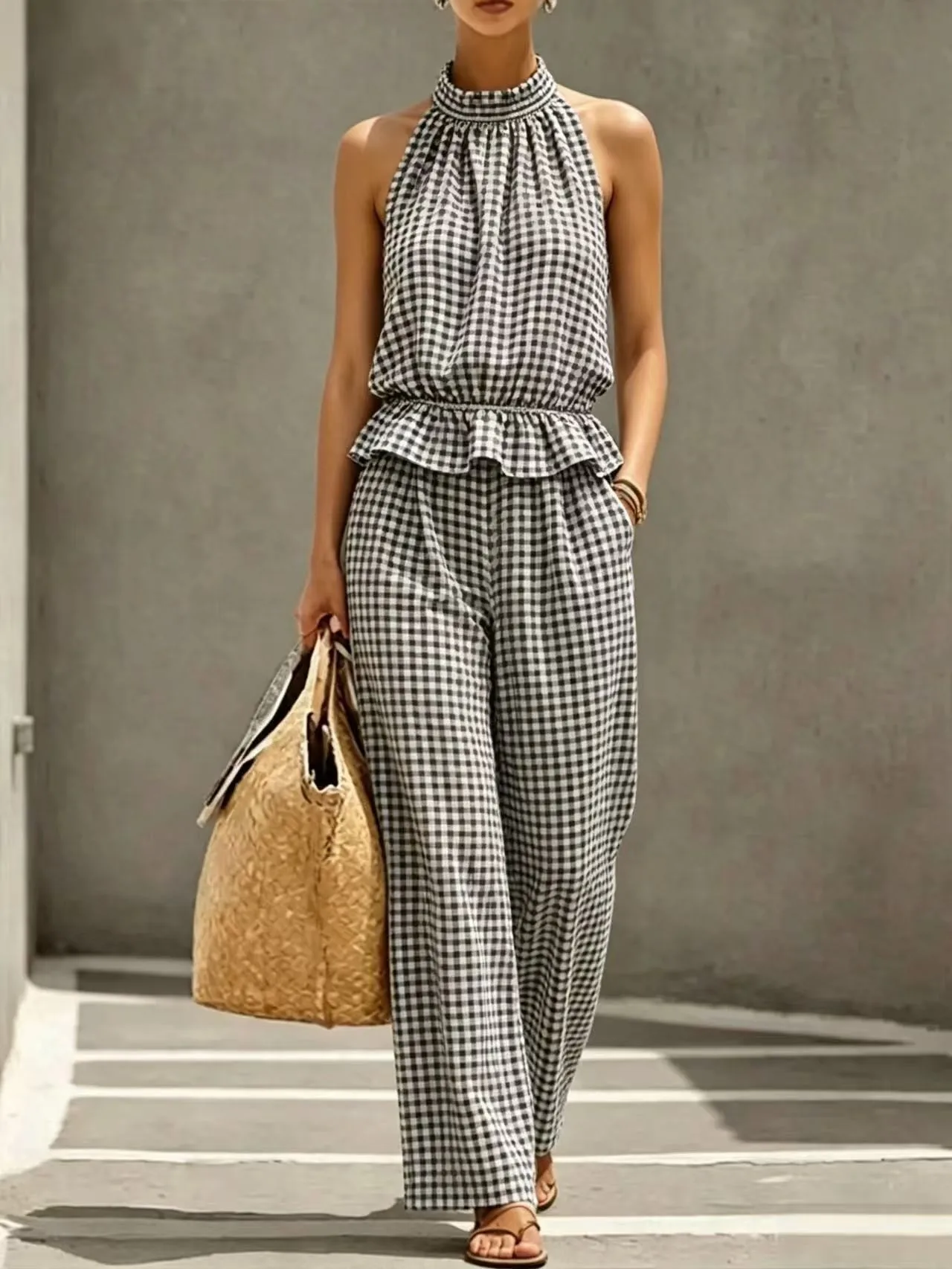 Casual Sleeveless Top Full Length Elegant Commuting with Summer Striped Sweet and Fresh T Shirt Top Long Pants Set Women