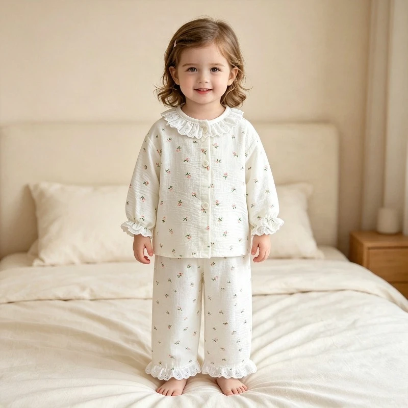 Kinder Mädchen Hauskleidung Sets Lose Dünne Kinder-Pyjamas Spitze Blumenmuster Prinzessin Langarm-Oberteil+Hose 2-teiliges Set Mädchenbekleidung – Detail 8