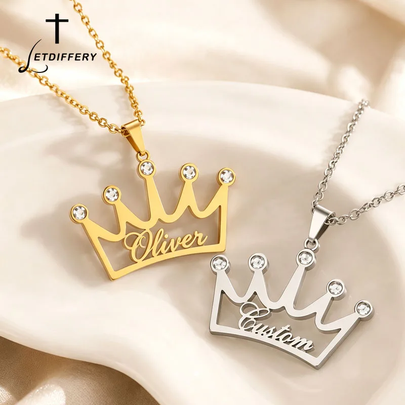 Collier personnalisé Letdiffery avec nom et couronne pour femme, en acier inoxydable, pendentif plaque nominative avec zircon, bijoux cadeaux