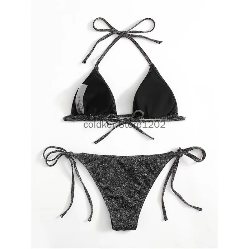 الوردي الأزرق الأسود لامعة مجموعة البكيني مثلث البيكينيات ضمادة ملابس السباحة النساء قطعتين ملابس الصيف Biquini بحر جديد