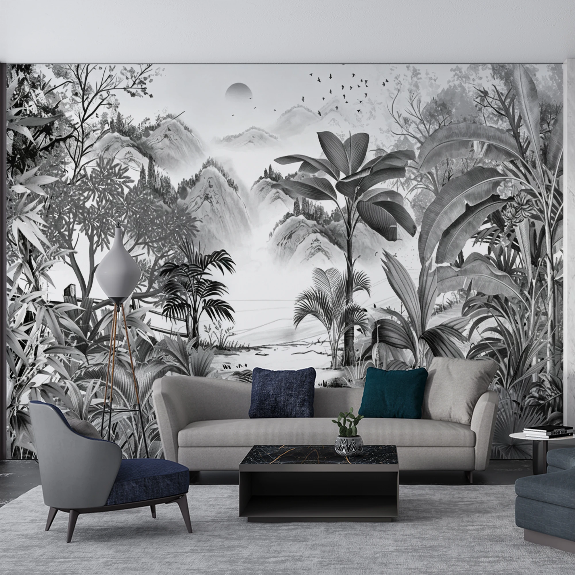 Custom Black White Chinese Ink Landscape Mural Wallpaper Tropical Palm Bamboo Mountain Bird Wall Paper for Living Room Home Deco