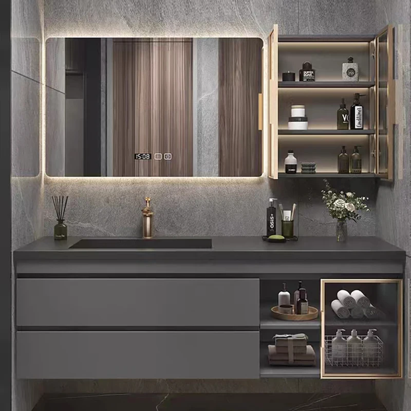 Luxury Single Sink Bathroom Vanity With Smart Mirror and Side Cabinet Modern Bath Room Furniture Vanity Setspromote sales