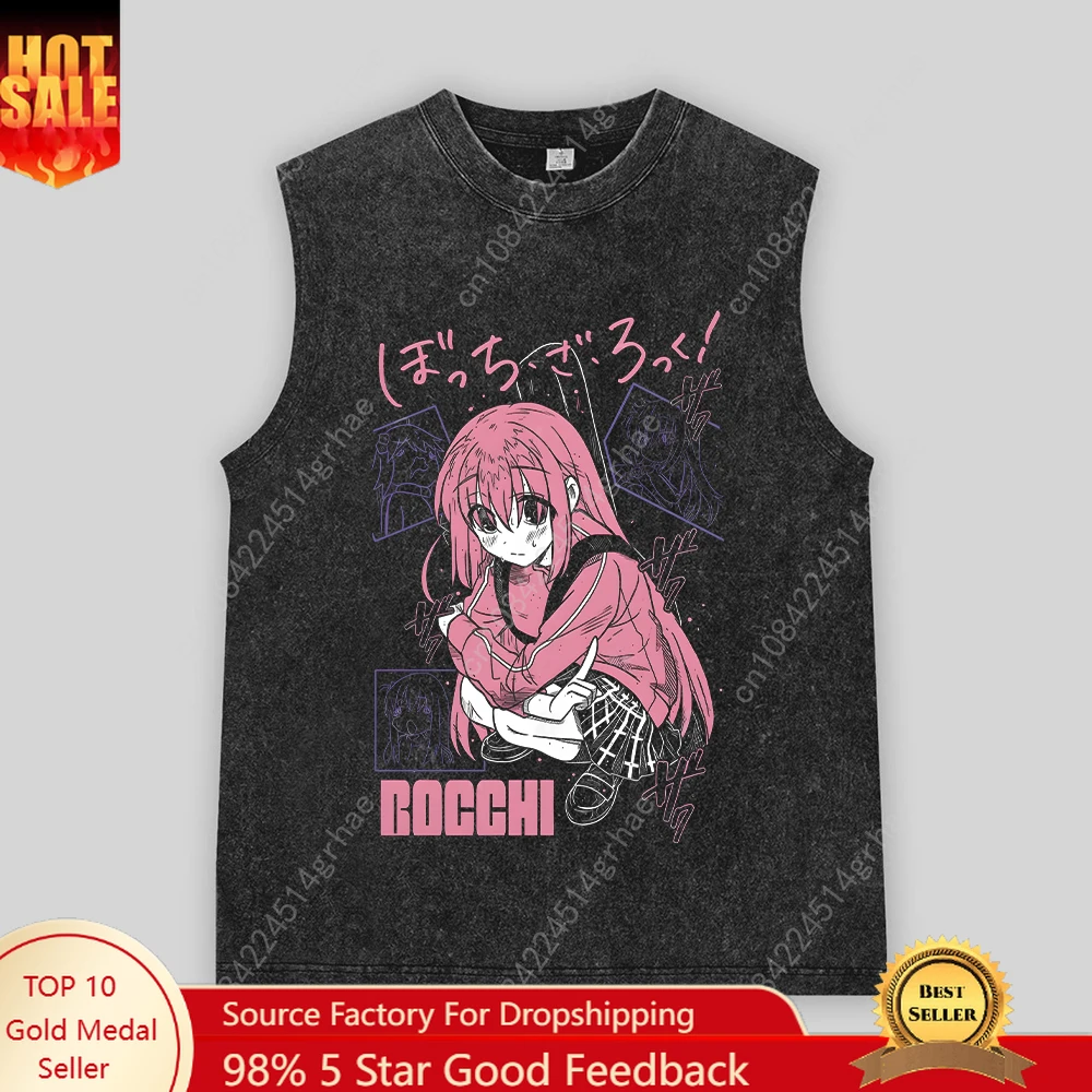 

Men Oversized Printed Vests Bocchi Club Music Band Anime Bocchi The Rock Cotton Tops Creative Crew Neck Vest Washed Tops Unisex