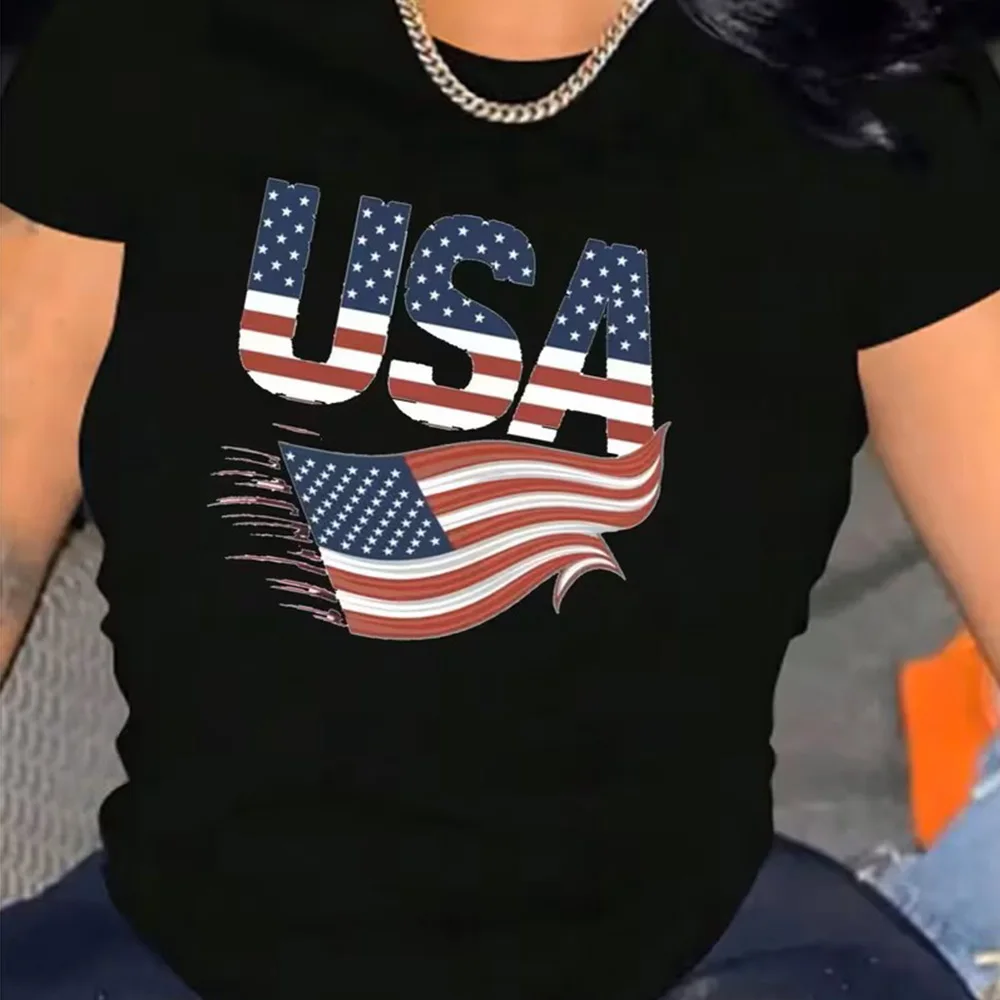 

Мужская и женская футболка с принтом американского флага, повседневная, с коротким рукавом, дышащая, патриотическая, на 4 июля