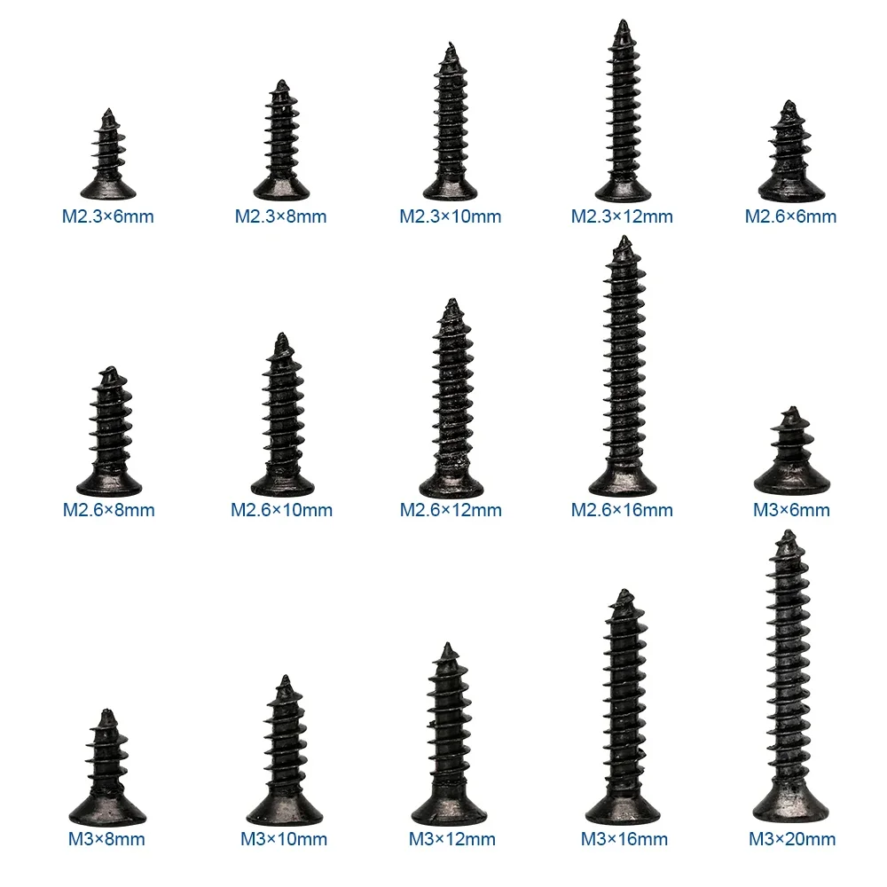 450/1200pcs Cross Flat Head Tapping Screws Kit M1.2 M1.4 M1.5 M1.7 M2 M2.3 M2.6 M3 Carbon Steel Black Phillips Screws Set