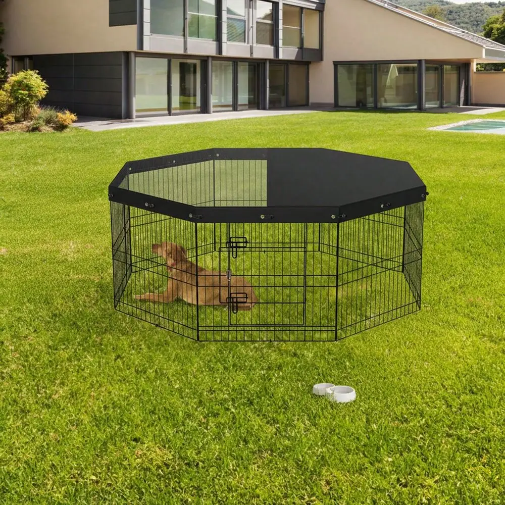 

Playpen, 8 Panels Foldable Metal Dog Exercise Pen With Top Cover, 24 H Pet Fence Puppy Crate Kennel With Ground Stakes, Indoor