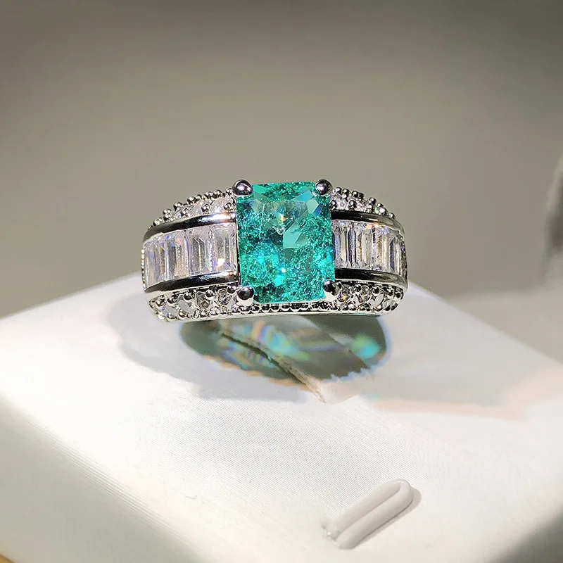 

New Princess Cut Paraiba Tourmaline Ring Lab Grown High Carbon Diamond Imitation Women Fine Jewelry Party Wedding GIft Wholesale