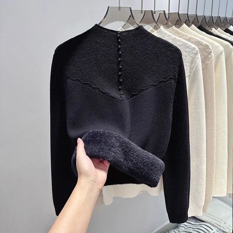 Women\'s Autumn and Winter New Semi High Collar One-piece Velvet Knitted Base Sweater with Added Velvet and Thickened Sweater Top