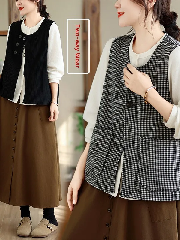 Women's Autumn Winter Two-Sided Wear Sleeveless Three-Season Retro Plaid Corduroy Vest Jacket Fashion Versatile Outdoor Cotto...
